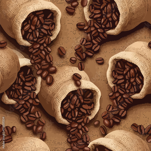 Coffee bean sacks spilling roasted beans in a seamless pattern design illustration, patern seamless, Stock royalty image.