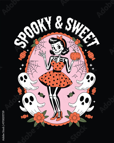 Spooky and sweet skeleton girl with pumpkin and ghosts