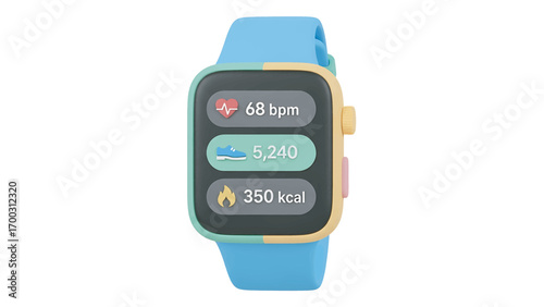 Smartwatch displays fitness data including heart rate, steps, and calories burned against a clean white backdrop, promoting healthy lifestyle choices.