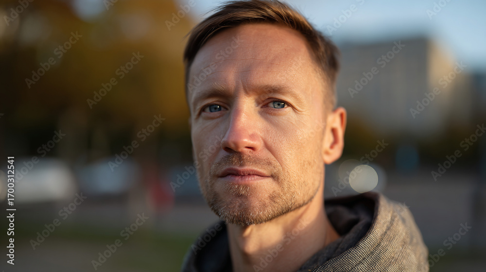 Naklejka premium Serious man looking at the camera during golden hour outside.