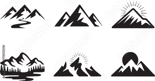 "Mountain Silhouette Vector Bundle"

"Nature Landscape Peaks Logo Collection"

"Sunrise and River Mountain Icons Set"