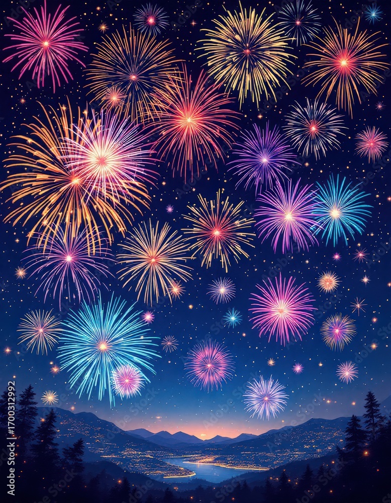 Fototapeta premium : Bright multicolored fireworks light up the night sky above a city nestled between mountains