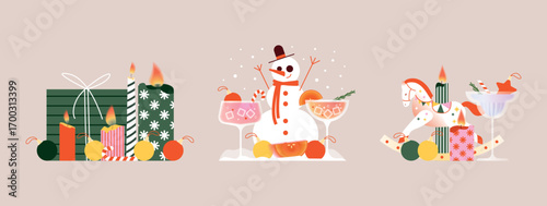 Christmas and New Year 2026 festive set with snowman, rocking horse toy, burning candles, cocktail glasses, wrapped gifts, baubles, candy canes, winter holiday decoration. Vector flat design