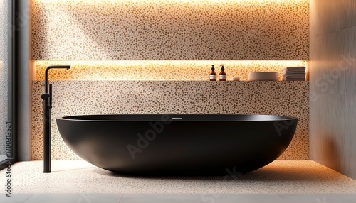 Chic contemporary bath with freestanding tub, terrazzo finish, and mood lighting.