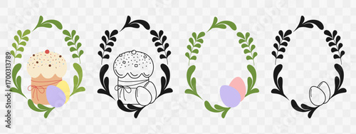 Easter Cake with Painted Eggs and Abstract Leaves Eggs Shape Frame Inks and Color Copyspace Template