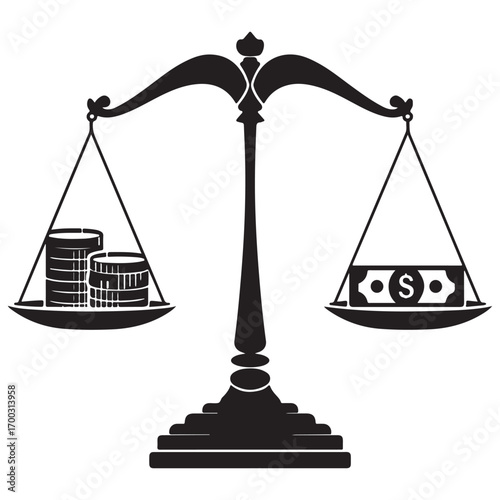 Balance scale weighing coins against a dollar bill representing financial equality