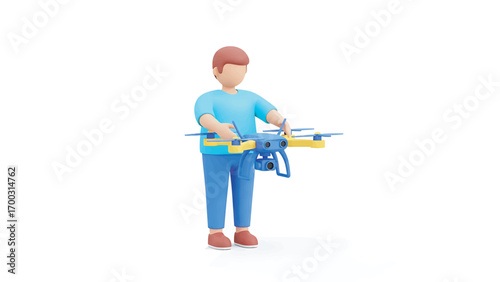 Man operating drone with remote control in studio, showcasing technology and precision with a clean, modern aesthetic.