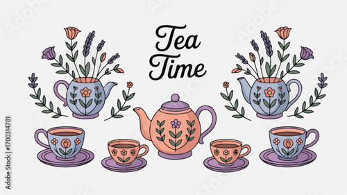 Elegant Tea Time Illustration: Floral Teapots & Cups