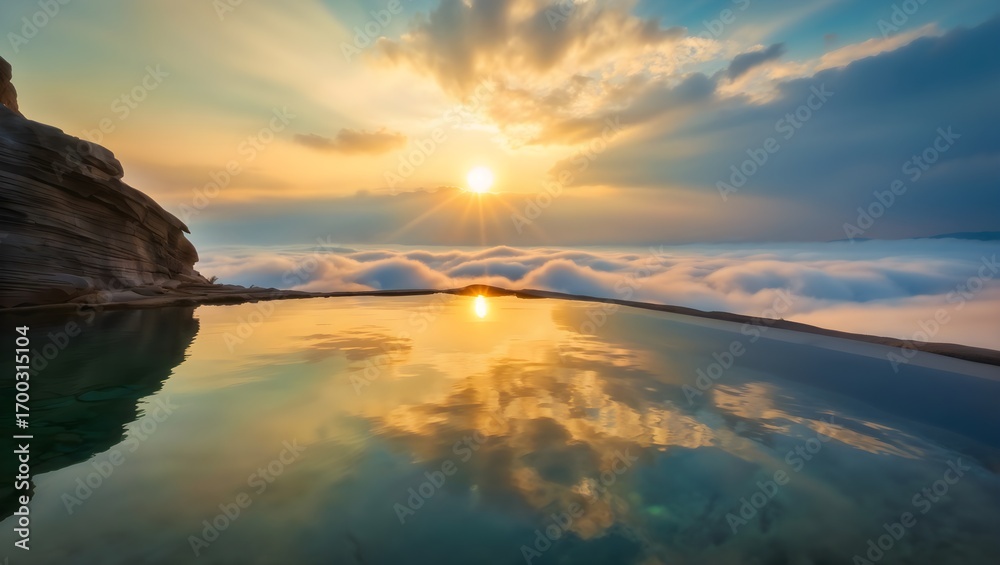 Fototapeta premium Sunset over ocean clouds reflected in infinity pool