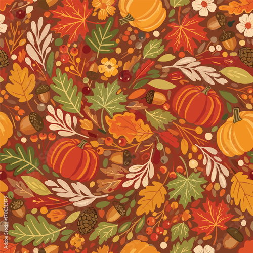 Autumnal abundance seamless pattern with pumpkins, leaves, acorns, and berries, patern seamless, royalty stock.