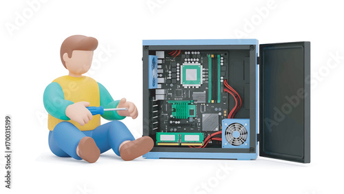 Cartoon man repairing computer hardware with screwdriver, sitting crosslegged in workshop, showcasing technology and problemsolving with a focused and diligent mood.