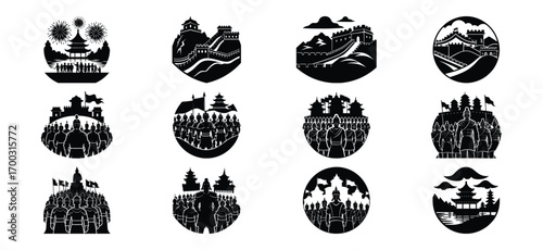 Silhouette Cityscapes and Landscapes in Decorative Shapes Black and White Vector Set