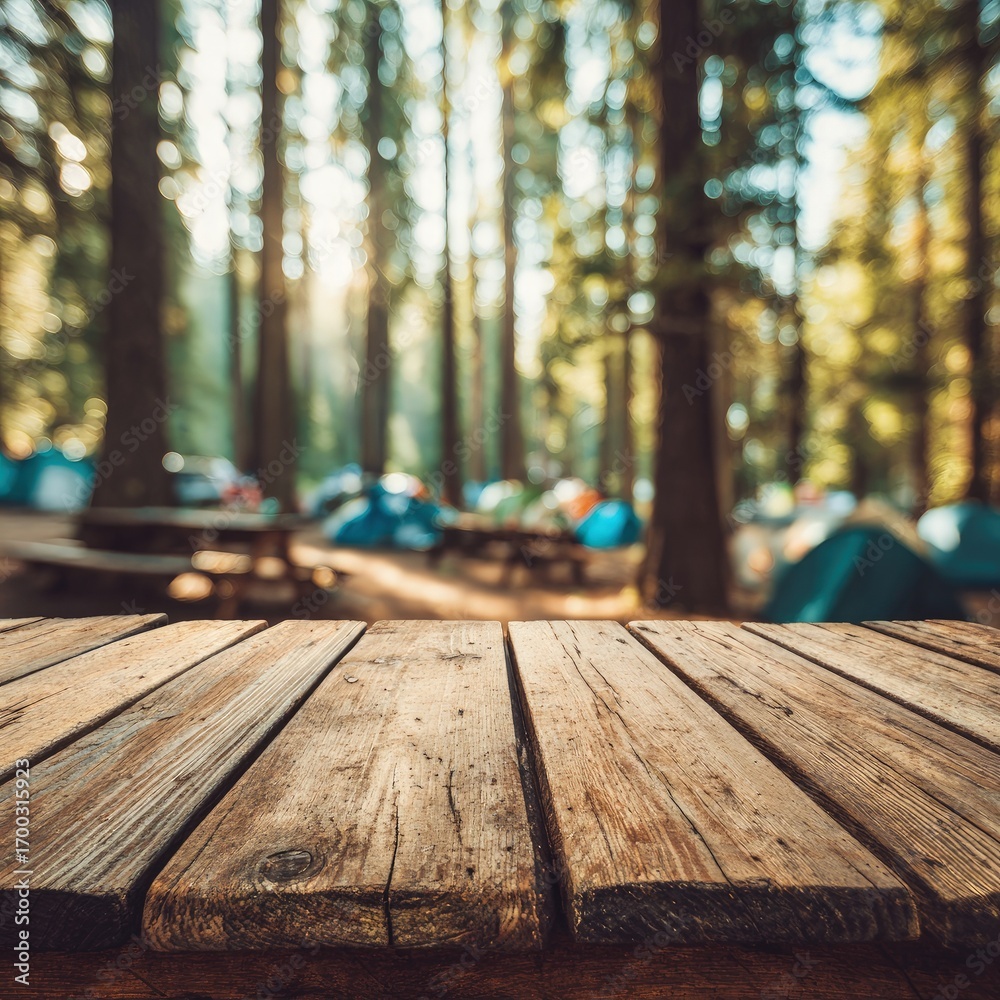 Fototapeta premium Wooden Picnic Table In Forest Campground