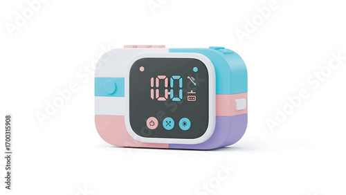 Colorful digital alarm clock displaying 100 charge sitting on white surface in studio setting, showcasing modern technology and vibrant design.