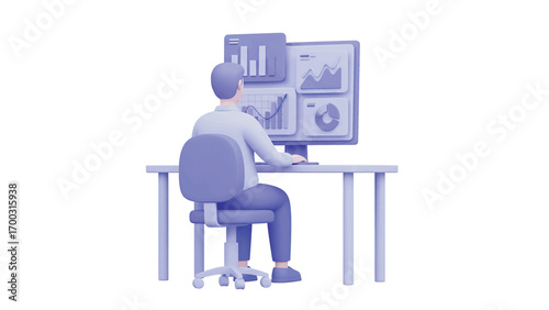 Man analyzing data on computer screen in modern office, showcasing charts and graphs for business intelligence and financial analysis, creating a professional atmosphere.
