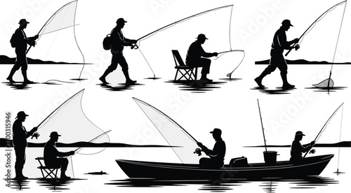 Black fishing silhouettes of people in various poses and scenes, vector illustration for outdoor recreation, leisure activity, sport, and nature design