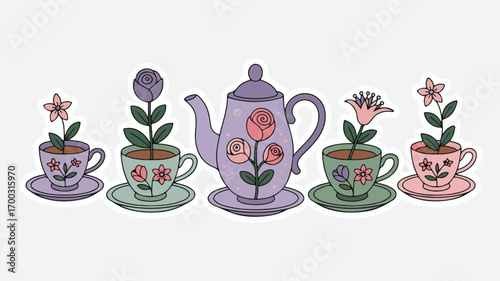 Floral Tea Party: Elegant Teacups and Teapot Illustration