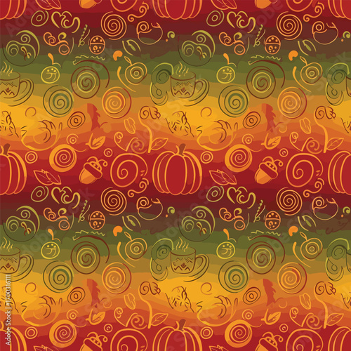 Autumn themed seamless pattern design with pumpkins, leaves and coffee cups, seamless pattern, Stock royalty free image.