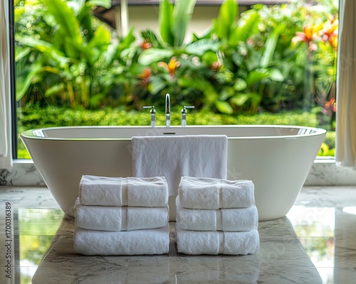 Luxury bathroom design featuring soft towels, white tub, and natural light accents.