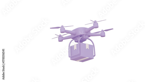 Purple drone delivering package in white space, showcasing modern delivery service with a clean and minimalist aesthetic.