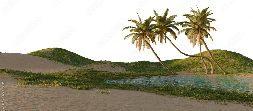 Obraz premium Tropical palm oasis lagoon at sunset sky. 3D Rendering.