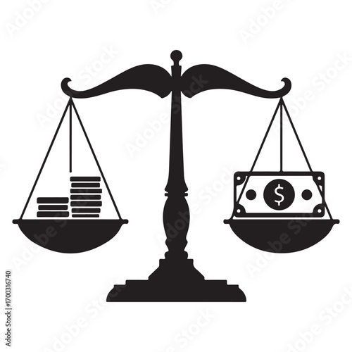 Scales of justice balancing money and coins symbolizing financial value and exchange