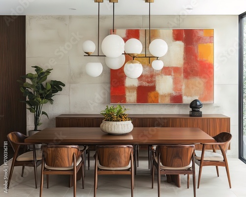 Retro dining room featuring globe pendants, wooden furniture, and abstract wall decor.
