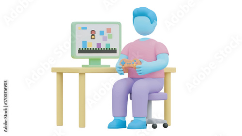 Faceless character playing video game at desk in brightly lit room, engrossed in digital world, showcasing modern leisure and technology.