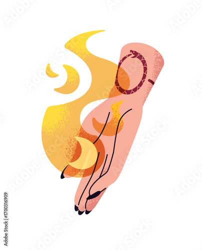 Female hand with manicure holding fire. Burning symbol of energy and inner power. Palm with mystic sign, tattoo and flame. Witchcraft concept. Flat isolated vector illustration on white background