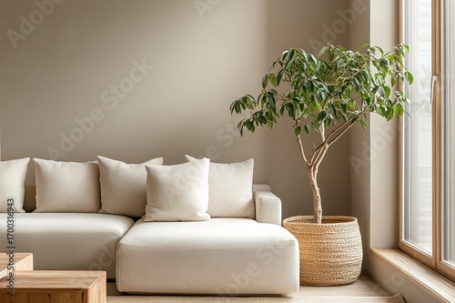 Neutral beige sitting area styled with minimal furniture, natural textures, and indoor greenery.