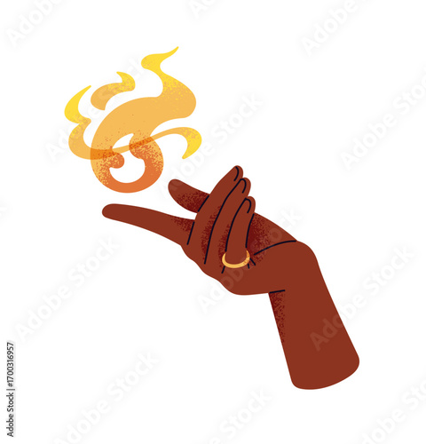 Black human hand with flame. Palm with burning fingers. Magic symbol of power and inner energy. Mystic fire of witchcraft. Sorcery concept. Flat isolated vector illustration on white background