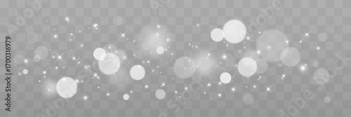 White png dust light. Bokeh light lights effect background.  Glowing confetti and sparkles. 