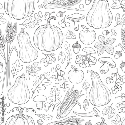 Autumn harvest seamless pattern with pumpkins, corn, apples, and fall leaves, seamless pattern, Stock royalty free image.