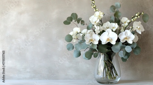 Clean Modern White Orchid and Eucalyptus in Sleek Glass Vase