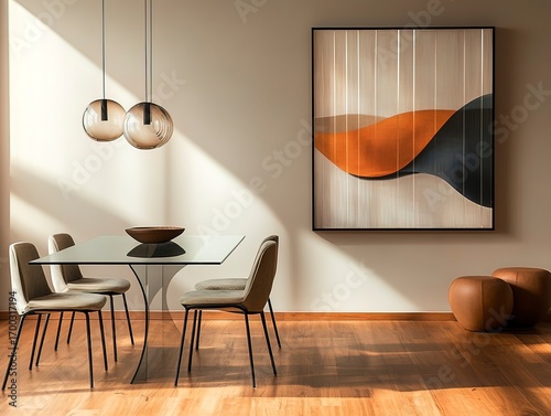 Stylish modern dining room with abstract artwork, warm flooring, and sleek design.