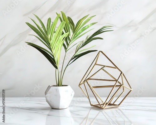 Modern Gold Geometric Centerpiece with Single Plant on White Marble