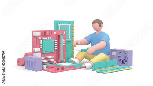 Man assembling computer components on white surface, carefully connecting parts for a highperformance machine in a modern, minimalist style.