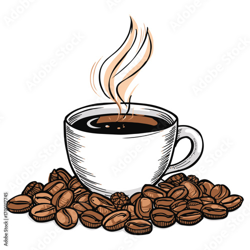 Steaming cup of coffee surrounded by roasted coffee beans in a hand drawn style
