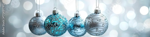 Blue and Silver Ornaments with Soft Bokeh Background and Peaceful Atmosphere