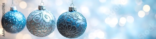 Peaceful Blue Silver Christmas Ornaments with Bokeh Background Effects