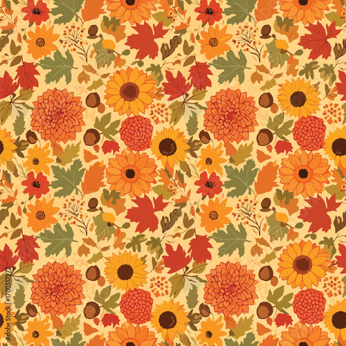 Autumn floral pattern with sunflowers, maple leaves and acorns for fall season, seamless pattern, royalty free stock.