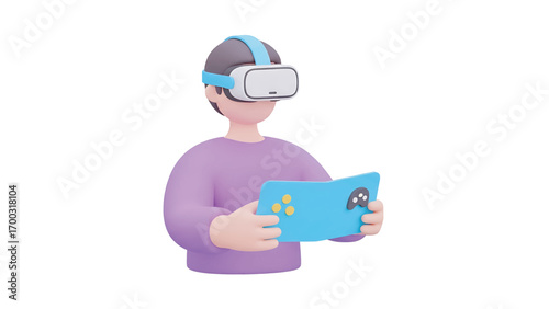 Person wearing virtual reality headset holding controller playing immersive game in digital world, experiencing futuristic technology with excitement.