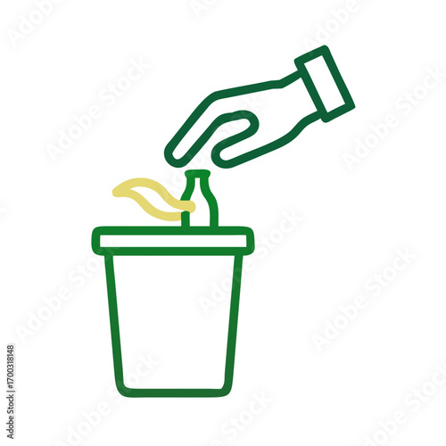 Hand placing bottle in recycling bin, emphasizing sustainability and eco-friendly practices.
