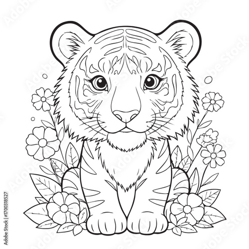 Vector Illustration of a Tiger Cub in a Modern Organic Style with Floral Elements in Black and White