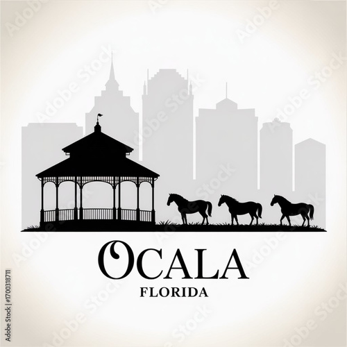 Ocala Florida Skyline Silhouette — Horse Capital of the World Vector Illustration