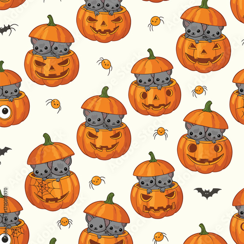 Adorable Halloween seamless pattern featuring cute chinchillas in carved pumpkins design, seamless pattern, Stock royalty.