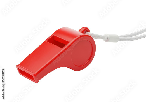 Red plastic whistle with white lanyard isolated on transparent background