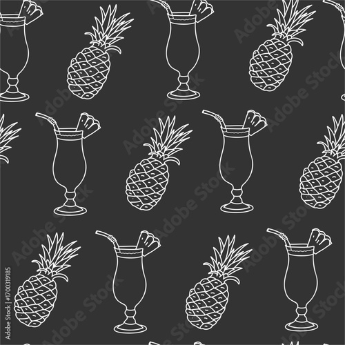 Summer Pina Colada Cocktail and Pineapple Fruit Seamless pattern. Hand drawn graphic Vector illustration. White line art on a black background in Doodle style.