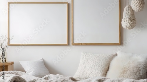 Scandinavian wall styling featuring minimalist artwork and cozy throws.