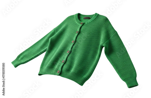 Green Knitted Cardigan Sweater with Brown Buttons cutout isolated on transparent bg, png